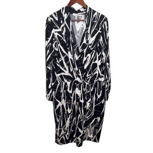 Peter Nygard Black & White Abstract Print Faux Wrap Long Sleeve Vneck Dress 1X